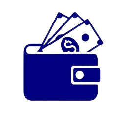 Orange circular icon with a wallet containing cards inside